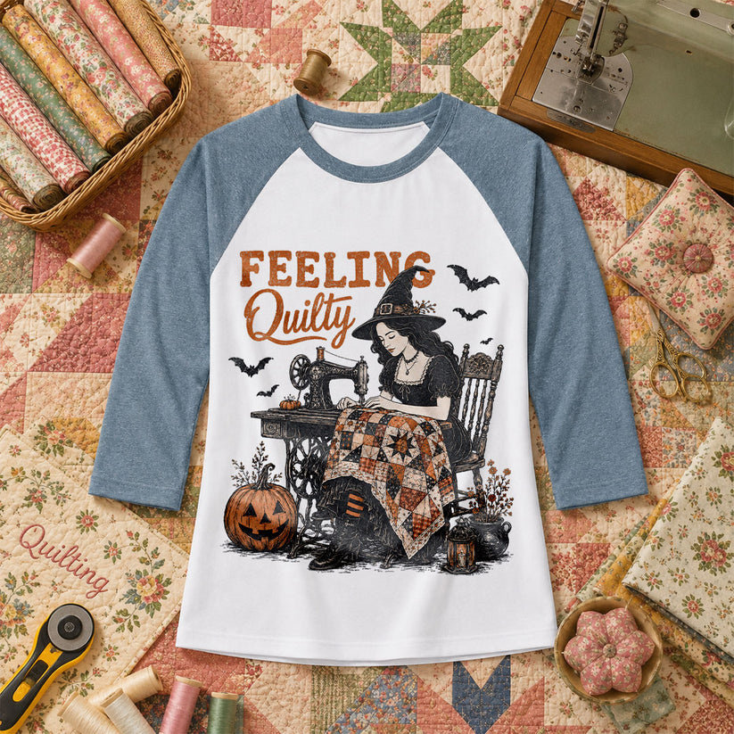 Feeling Quilty Witch Halloween Raglan Sleeve - Denim
