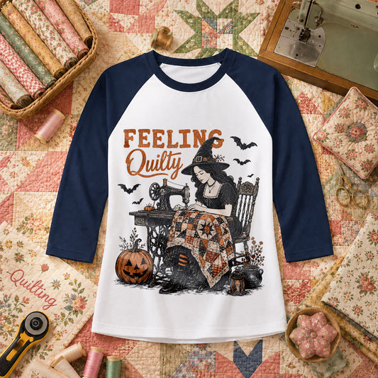 Feeling Quilty Witch Halloween Raglan Sleeve - Navy