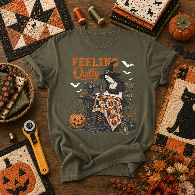 Feeling Quilty Witch Halloween T-Shirt - Military Green