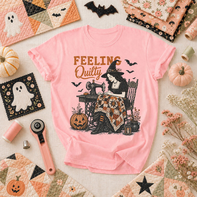 Feeling Quilty Witch Halloween T-Shirt - Pink