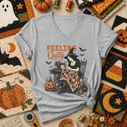 Feeling Quilty Witch Halloween Women's V-Neck - Athletic Heather
