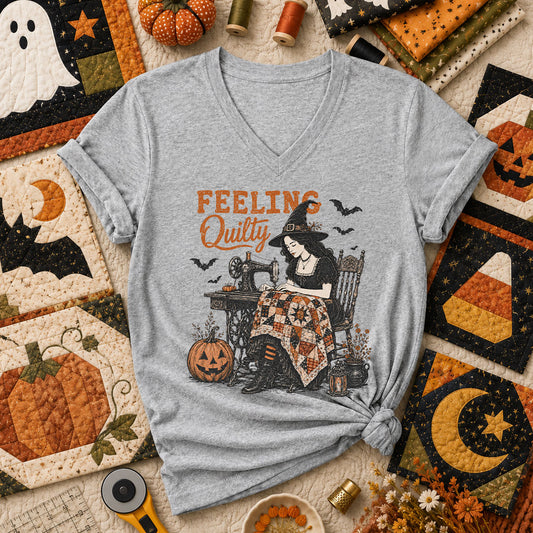 Feeling Quilty Witch Halloween Women's V-Neck - Athletic Heather