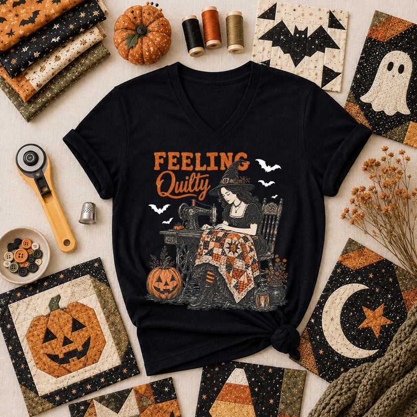 Feeling Quilty Witch Halloween Women's V-Neck - Black