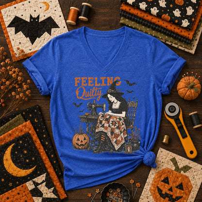 Feeling Quilty Witch Halloween Women's V-Neck - Heather True Royal