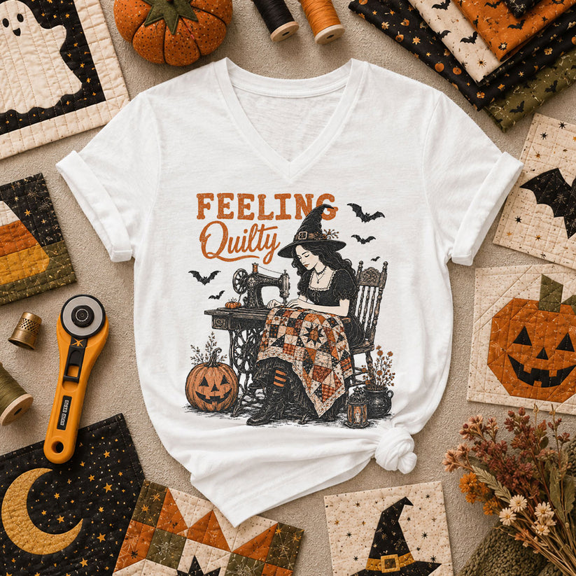 Feeling Quilty Witch Halloween Women's V-Neck - White
