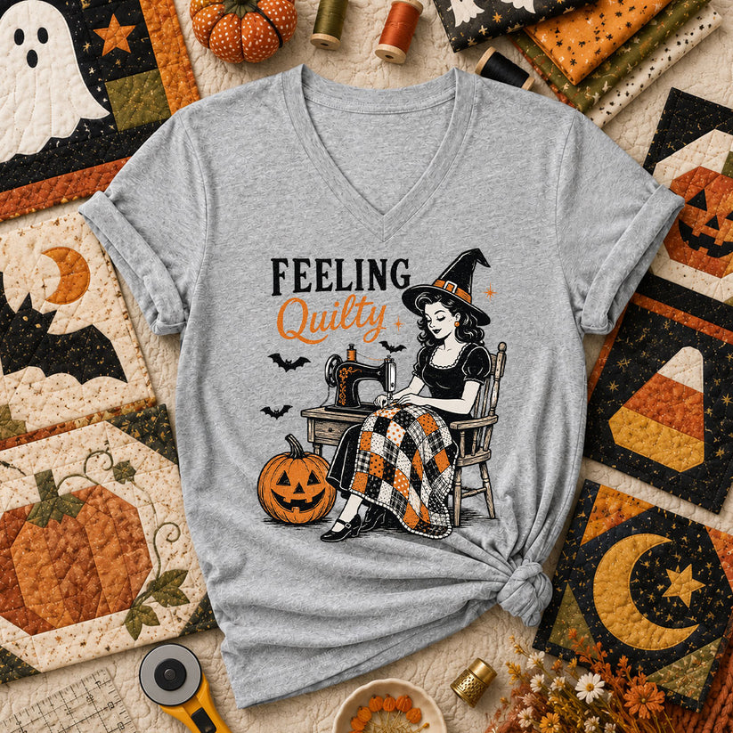 Feeling Quilty Witch Vintage Women's V-Neck - Athletic Heather