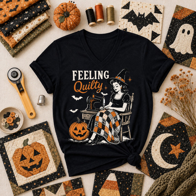 Feeling Quilty Witch Vintage Women's V-Neck - Black