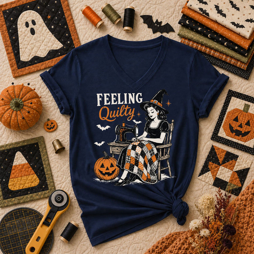 Feeling Quilty Witch Vintage Women's V-Neck - Navy