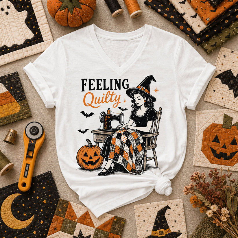 Feeling Quilty Witch Vintage Women's V-Neck - White