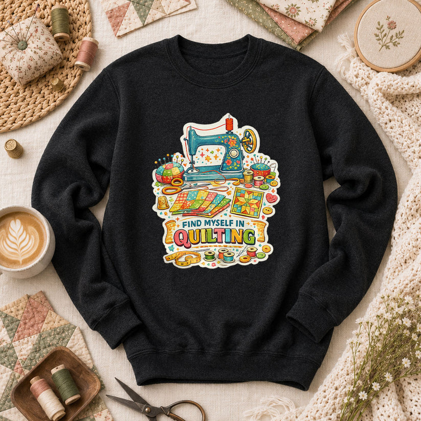 Find Myself In Quilting Sewing Machine Long Sleeve - Black
