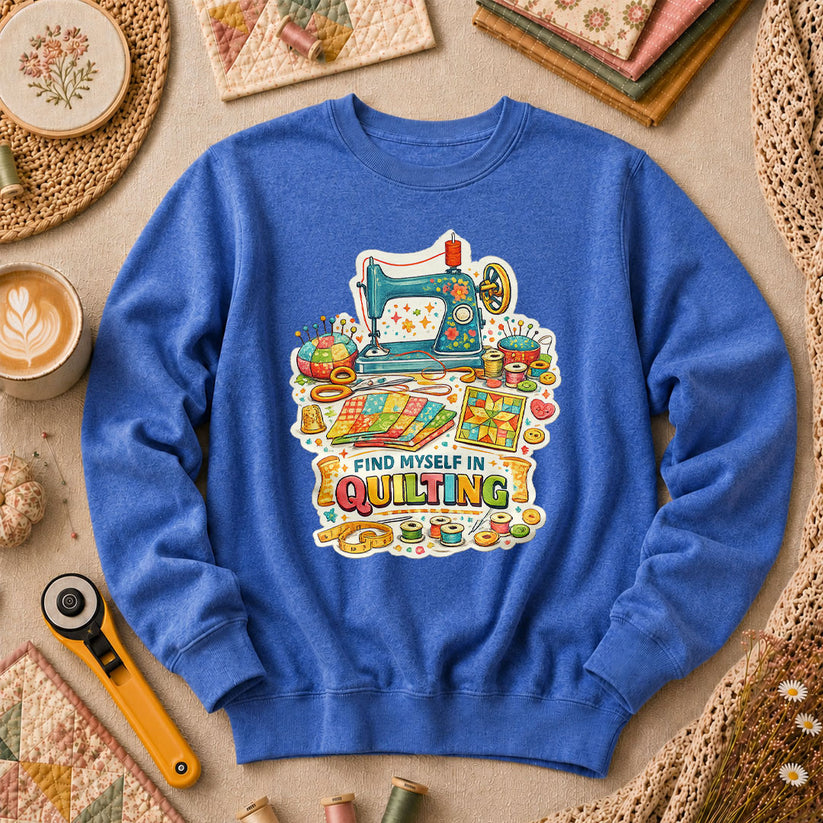 Find Myself In Quilting Sewing Machine Long Sleeve - Heather True Royal