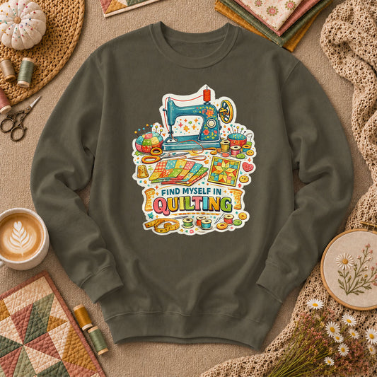 Find Myself In Quilting Sewing Machine Long Sleeve - Military Green
