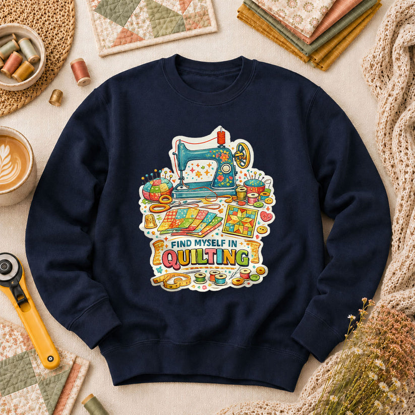 Find Myself In Quilting Sewing Machine Long Sleeve - Navy