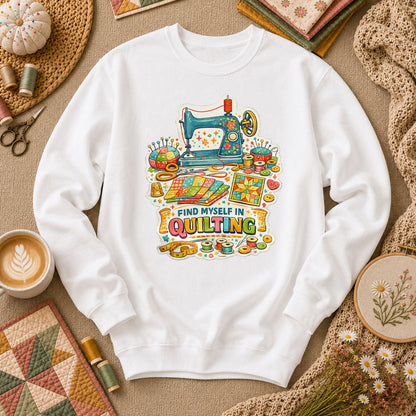 Find Myself In Quilting Sewing Machine Long Sleeve - White