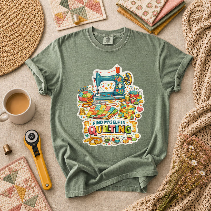 Find Myself In Quilting Sewing Machine T-Shirt - Forest Green