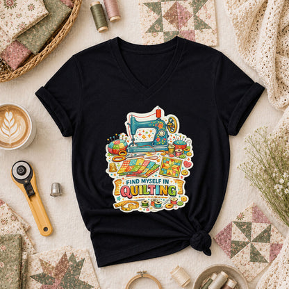 Find Myself In Quilting Sewing Machine Women's V-Neck - Black