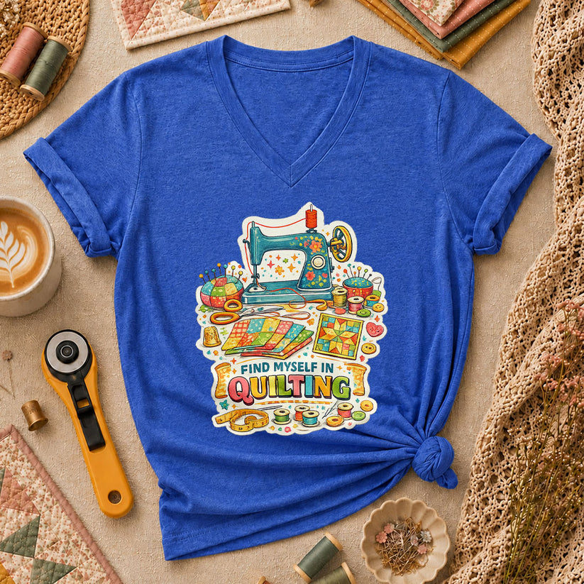 Find Myself In Quilting Sewing Machine Women's V-Neck - Heather True Royal