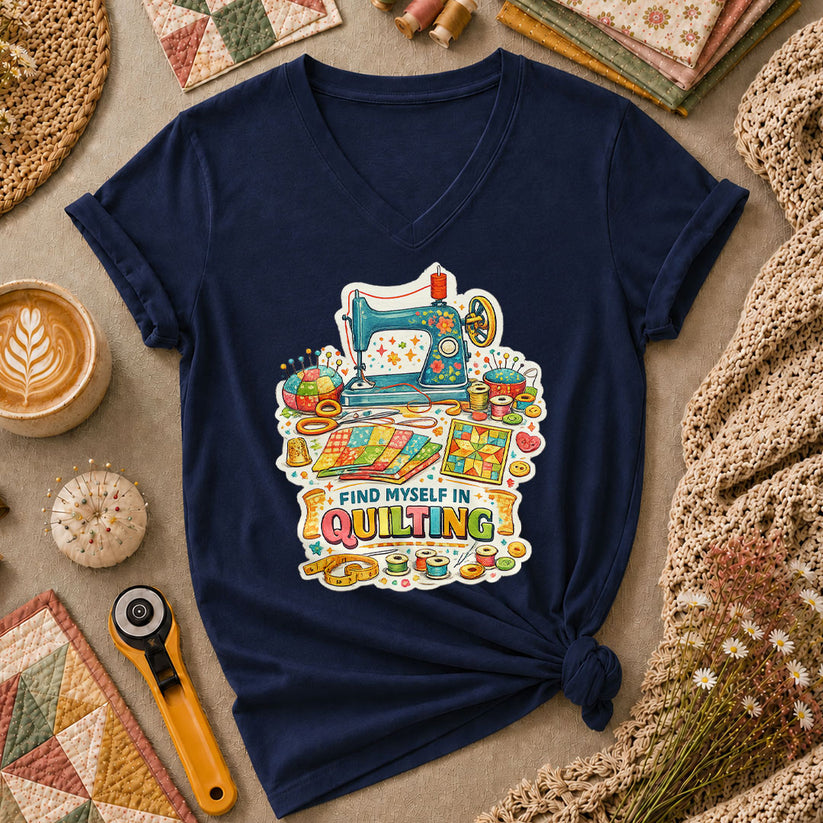 Find Myself In Quilting Sewing Machine Women's V-Neck - Navy