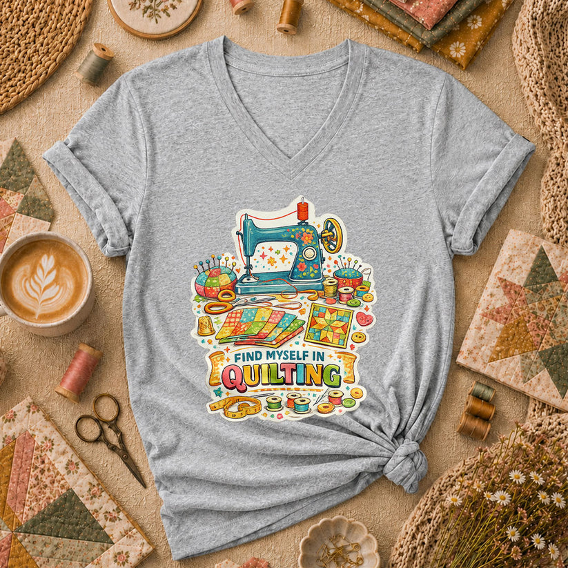 Find Myself In Quilting Sewing Machine Women's V-Neck - Sport Grey