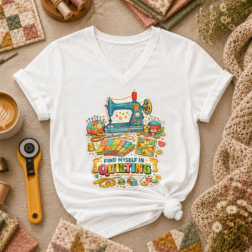Find Myself In Quilting Sewing Machine Women's V-Neck - White