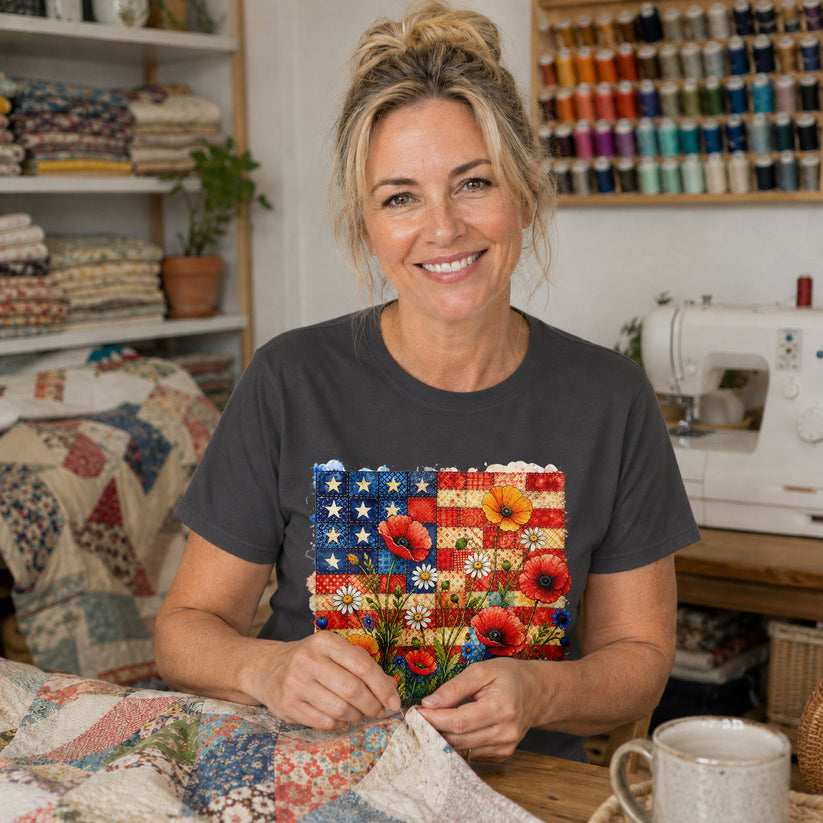 American Flag Wildflower Patchwork T-shirt
