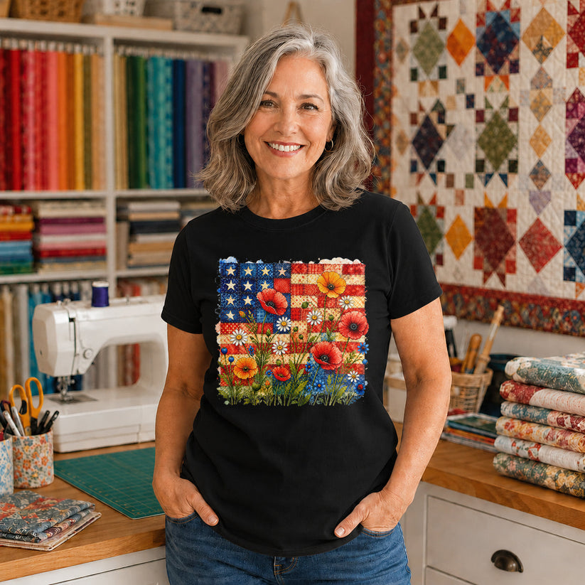 American Flag Wildflower Patchwork T-shirt