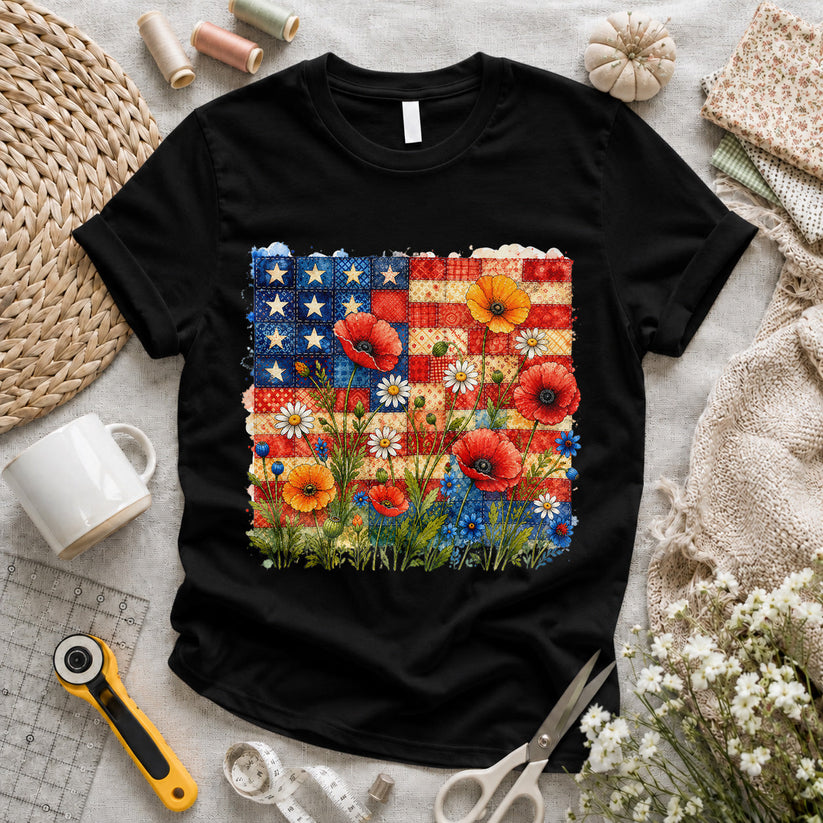American Flag Wildflower Patchwork T-shirt