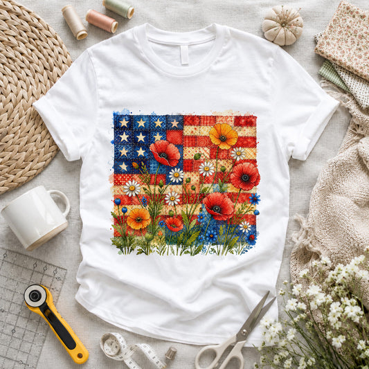 American Flag Wildflower Patchwork T-shirt