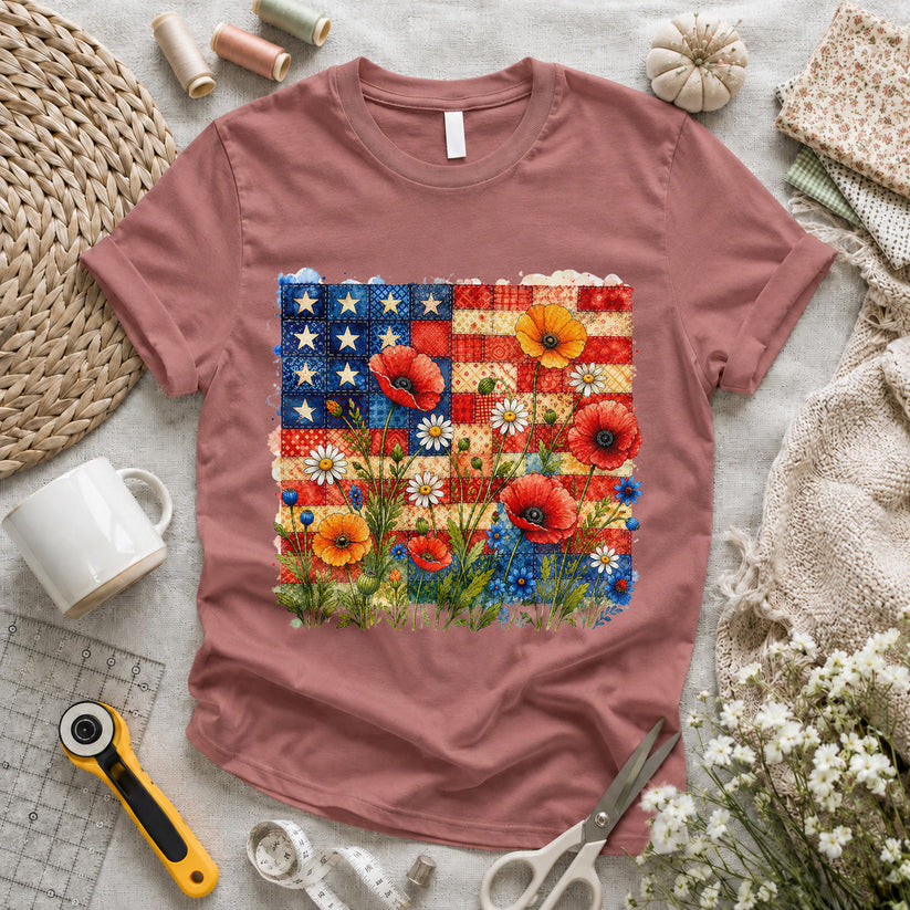 American Flag Wildflower Patchwork T-shirt