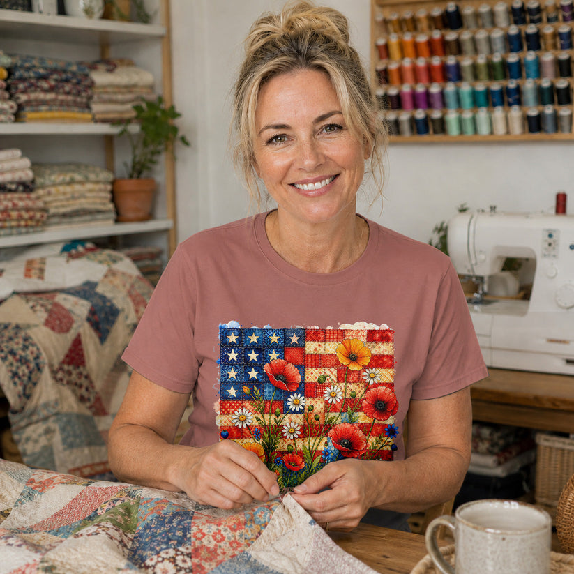American Flag Wildflower Patchwork T-shirt