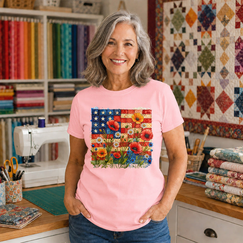 American Flag Wildflower Patchwork T-shirt