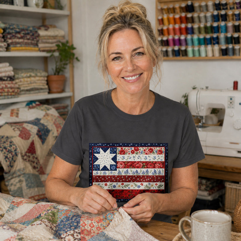 American Flag Floral Quilt T-shirt