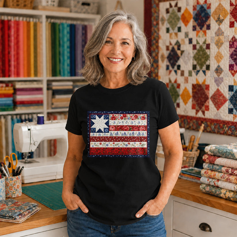 American Flag Floral Quilt T-shirt