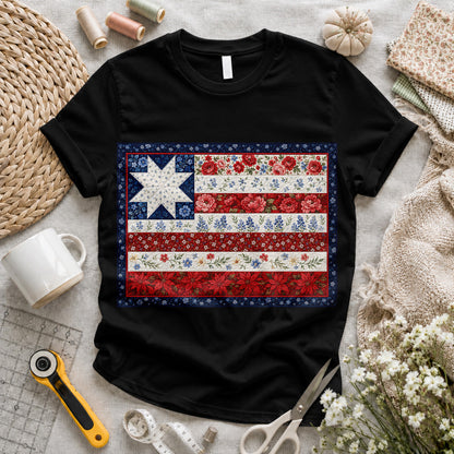 American Flag Floral Quilt T-shirt
