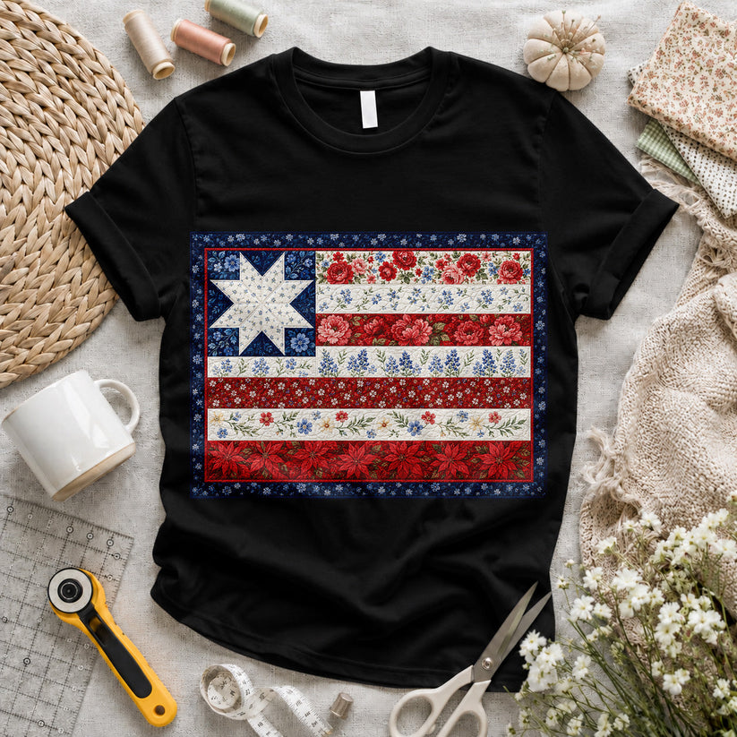 American Flag Floral Quilt T-shirt
