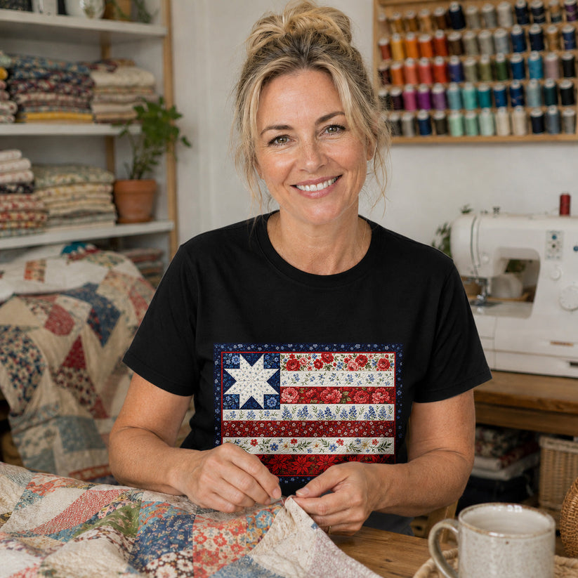 American Flag Floral Quilt T-shirt