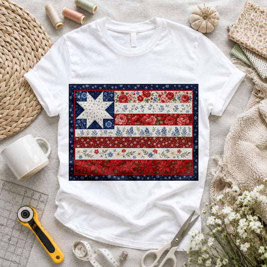 American Flag Floral Quilt T-shirt