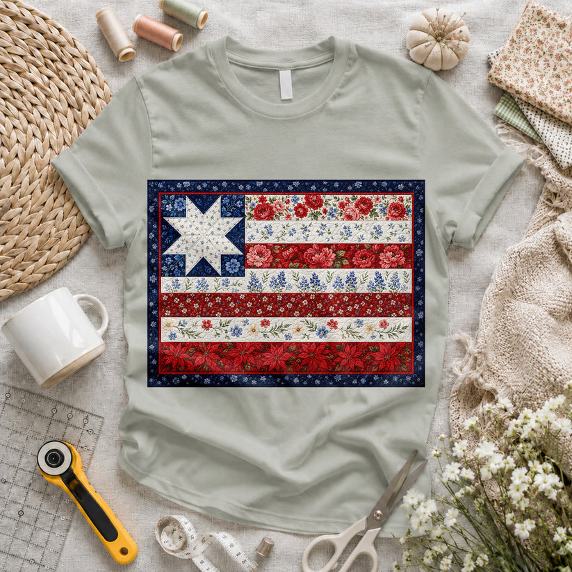 American Flag Floral Quilt T-shirt