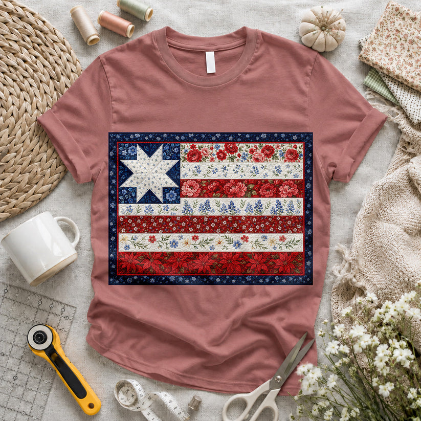 American Flag Floral Quilt T-shirt