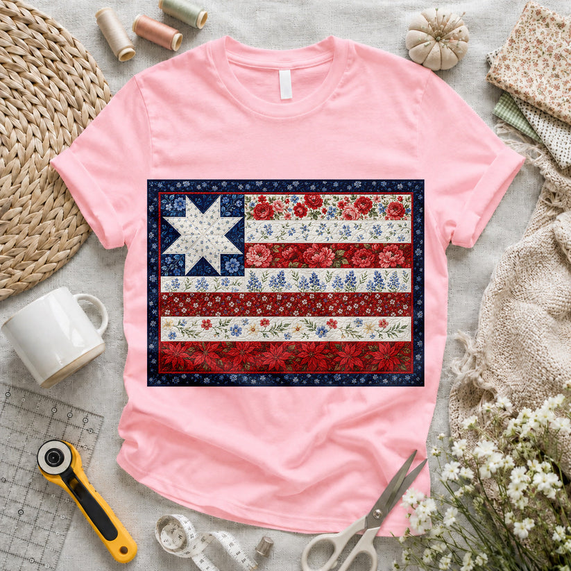 American Flag Floral Quilt T-shirt