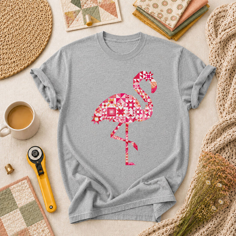 Flamingo Quilt Blocks Patchwork Pink T-Shirt - Athletic Heather