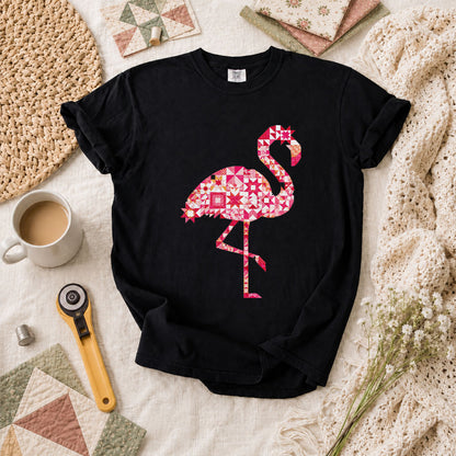 Flamingo Quilt Blocks Patchwork Pink T-Shirt - Black