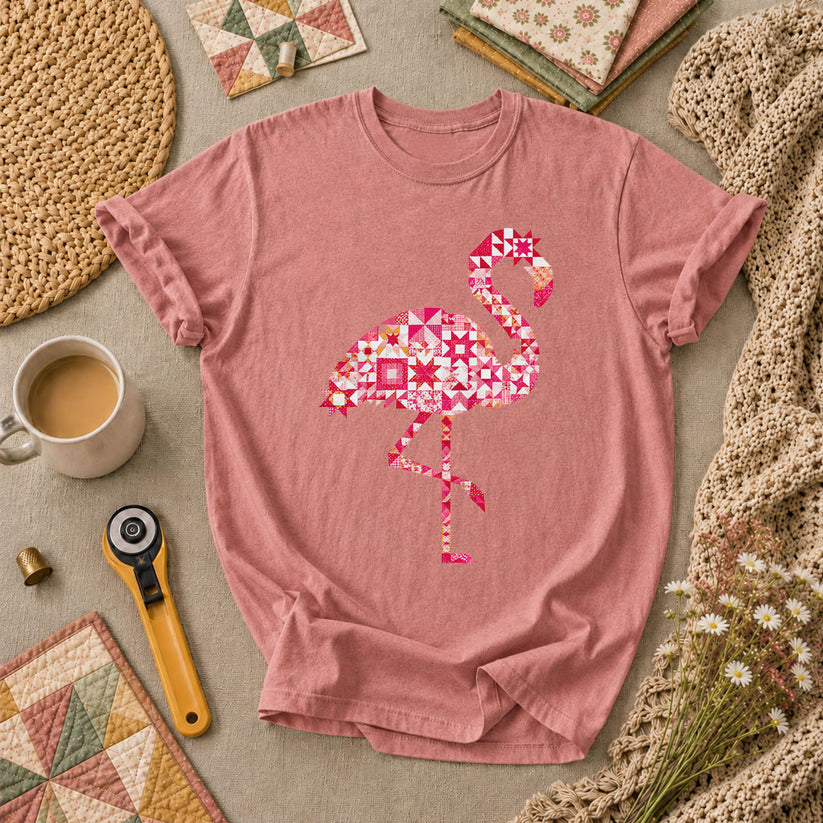 Flamingo Quilt Blocks Patchwork Pink T-Shirt - Heather Mauve