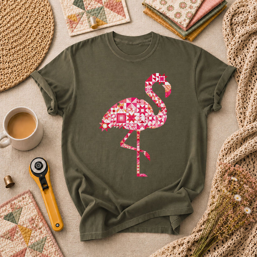 Flamingo Quilt Blocks Patchwork Pink T-Shirt - Military Green