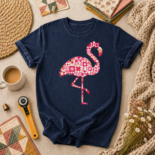 Flamingo Quilt Blocks Patchwork Pink T-Shirt - Navy