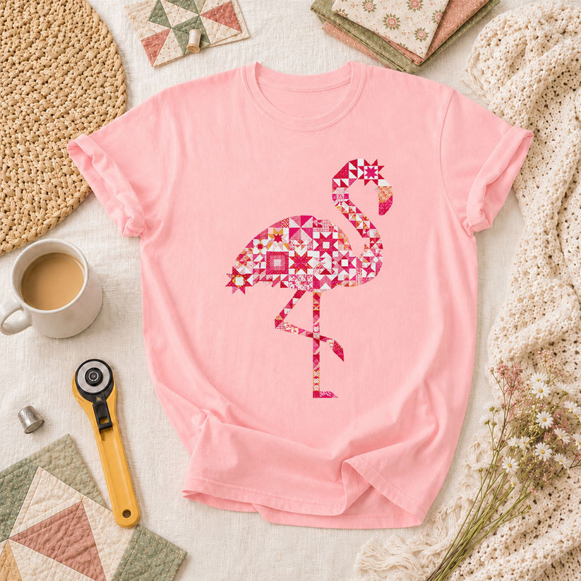 Flamingo Quilt Blocks Patchwork Pink T-Shirt - Pink