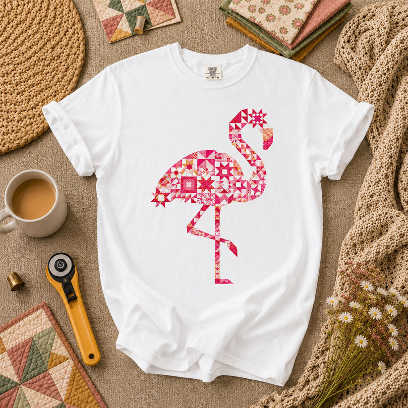 Flamingo Quilt Blocks Patchwork Pink T-Shirt - White