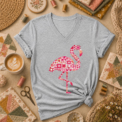 Flamingo Quilt Blocks Patchwork Pink Women's V-Neck - Athletic Heather