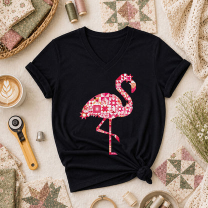Flamingo Quilt Blocks Patchwork Pink Women's V-Neck - Black