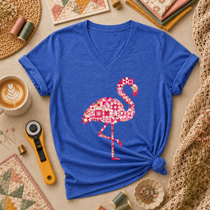 Flamingo Quilt Blocks Patchwork Pink Women's V-Neck - Heather True Royal